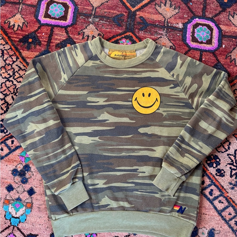 Aviator Nation Camo Sweatshirt with Yellow Smiley Patch